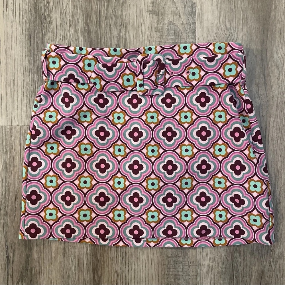 ZARA Pink Geometric Print Mini Skirt Retro 60s 70s Belted Floral Lined Medium